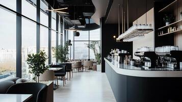 Modern cafe with panoramic city views. photo