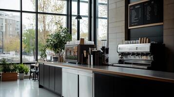 Modern coffee shop interior with large windows, showcasing a sleek bar area equipped with coffee machines, and plants photo