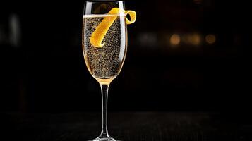 Sparkling cocktail garnished with citrus zest. A clear glass filled with a bubbly drink, showcasing effervescence and a delicate citrus twist photo