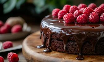 Chocolate cake with raspberries. Dark chocolate ganache drizzled over a moist chocolate cake topped with fresh raspberries photo