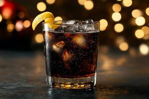 Refreshing dark drink with ice and lemon. A chilled beverage, garnished with a lemon twist, sits on a dark surface. Sparkling carbonated soda or cola-based cocktail. Festive holiday bokeh lights photo