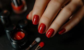 Red nail polish manicure. Close-up of well-maintained, glossy red nails. Manicure supplies and tools are visible photo