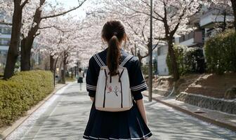 A student walks through a cherry blossom lined path photo