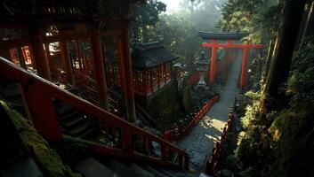 Japanese Shrine, Verdant Pathway. Ancient wooden structures, red torii gates, and a serene path winding through lush forest photo