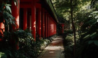 Red-pillared path through a lush garden. Tranquil Japanese-style temple walkway photo