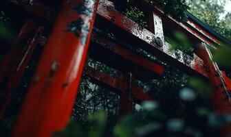 Red gate structure, wet and vibrant. Lush greenery surrounds traditional Japanese gate photo