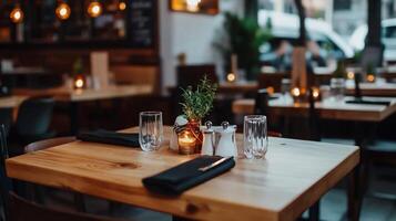 Cozy restaurant interior with wooden tables and warm lighting. Empty tables are set for diners with candlelight and greenery photo