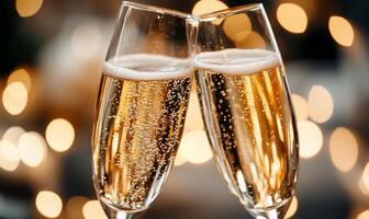 Sparkling celebratory toasting glasses. Two champagne flutes filled with bubbly, effervescent liquid, golden yellow in color, topped with bubbles. Blurred, warm, golden bokeh background photo