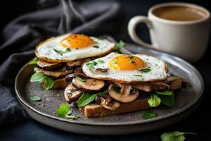 Two open-faced breakfast sandwiches with fried eggs and sauteed mushrooms on toasted bread, served with a cup of coffee photo