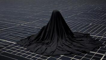 Abstract figure shrouded in black fabric on a gridded surface photo