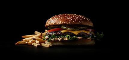 A hamburger and french fries on a black background photo