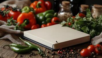 Blank cookbook surrounded by fresh vegetables and spices photo