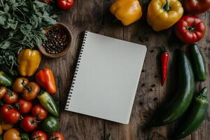 Fresh produce and blank recipe notebook photo