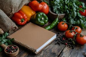Colorful vegetables and spices around a blank cookbook photo