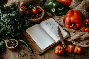 Fresh ingredients and recipe book photo