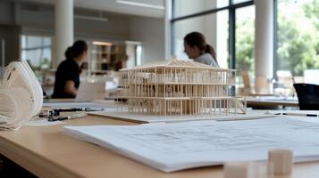 Architectural model and blueprints on a table in a modern design studio photo