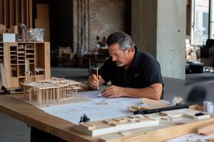 Architect working on blueprints and model photo