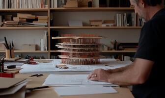 Architect reviewing model of a multi-level building design photo