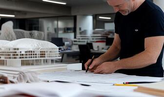 A man is working on a model of a building photo