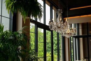 Modern chandelier, large windows, lush plants photo