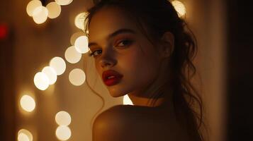 A woman with red lips and a red dress photo