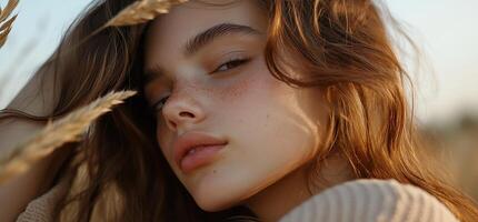 A woman with freckles is laying in a field photo