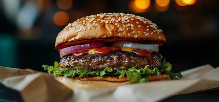 A hamburger is shown on a paper wrapper photo
