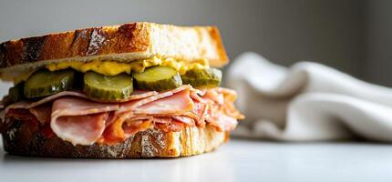 Delicious sandwich with ham, pickles, and mustard photo