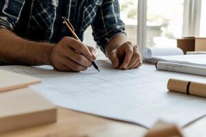 Architect working on blueprints. Hands drawing on plans photo
