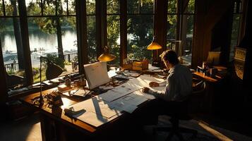 Architect working at a large windowed desk overlooking a lake photo