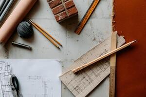 Architectural plans and construction tools on a light grey surface photo