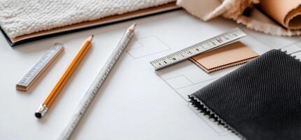 Design blueprints with fabric samples and measuring tools photo