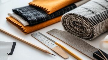 Fabric samples, tools, and design elements on a white surface photo