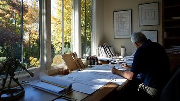 Architect working on blueprints by window photo