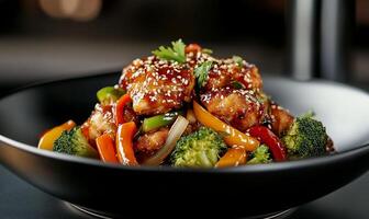 A bowl of food with vegetables and chicken photo
