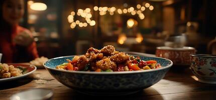 A bowl of food sitting on a table with a woman sitting in the background photo