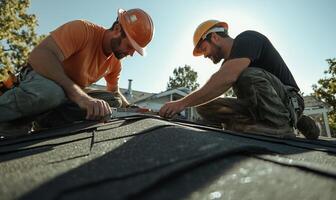 Two construction workers installing roofing shingles photo