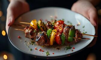 Grilled skewers with colorful peppers and meat. Hands holding a plate of delicious kebabs photo