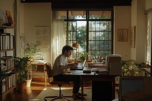 Man working at home office desk photo