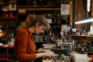 A woman working on a computer in a workshop photo