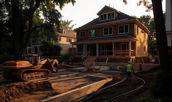 A house under construction with a construction worker standing next to it photo