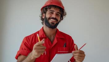 Smiling worker in red uniform photo