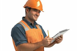 A man in an orange hard hat and overalls holding a clipboard photo