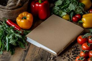 Blank cookbook surrounded by fresh vegetables photo
