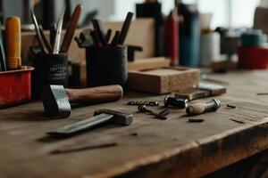 Woodworking tools on a workbench. Various tools including hammer, pliers, screwdrivers, and more, scattered on a rustic wooden surface photo