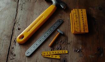 Work tools on a wooden surface photo