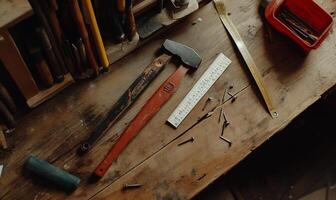 Workshop tools on weathered wooden table photo