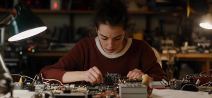 Focused young woman works on circuit board in a workshop photo