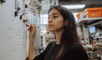 A woman is working on a whiteboard in an electronics lab photo