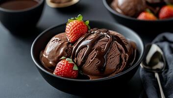 Chocolate ice cream with strawberries and chocolate sauce photo